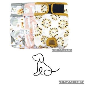 DOG DIAPERS 3 PACK LION RABBIT OWL PRINT SIZE MED FREE POOPY BAG ROLL